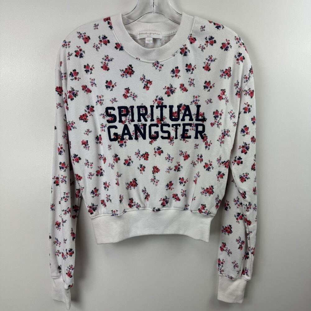 Spiritual Gangster Women's White Floral Graphic Cropped Sweatshirt Size Small